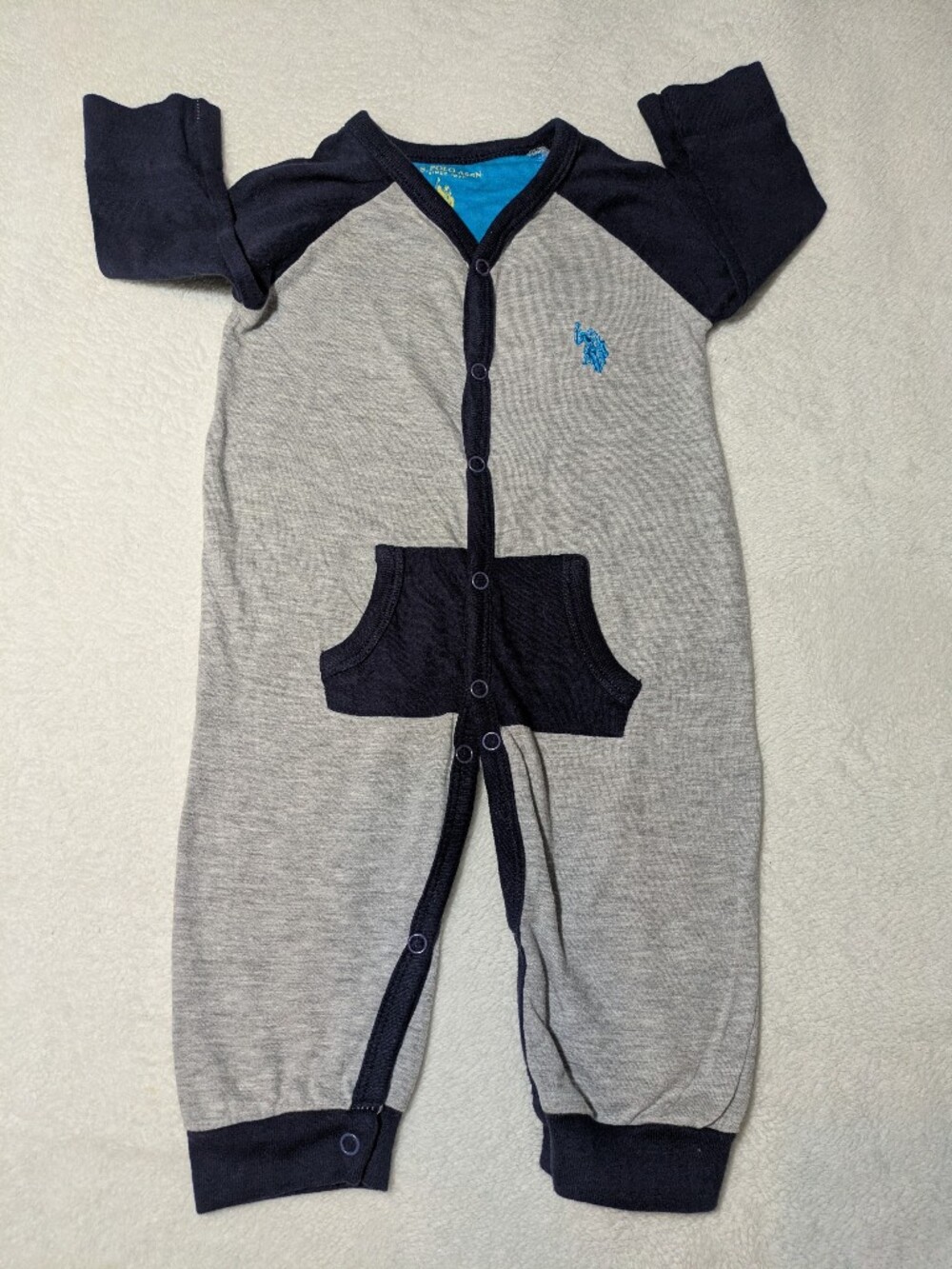 U.S. Polo Assn. Baby Boy Long-Sleeve Romper – Gray & Navy – Size 6-9 Months